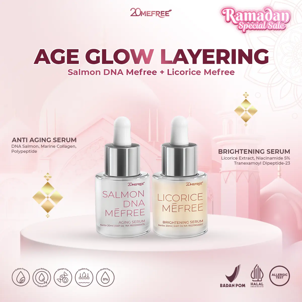 Age Glow Layering - Salmon DNA Mefree + Licorice Mefree (Anti Aging Serum + Brightening Serum) - Serum Perawatan Untuk Pencerah Memudarkan Kerutan Halus di Kulit Wajah