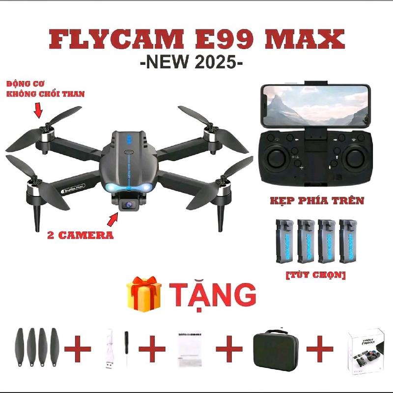 FLYCAM E99 MAX BẢN NÂNG CẤP E88 MAX [KHÔNG CHỔI THAN+2 CAMERA+HỖ TRỢ CẢM BIến quang học  PIN 2500 MAH [14-17P max] Drone Chụp Ảnh