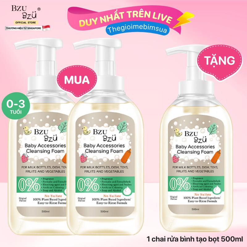   TGMBS  Combo 2 Chai Nước Rửa Bình Sữa Và Dụng Cụ Em Bé BZU BZU Tạo Bọt 4 Công Dụng 500ml Cho Bé Cọ Rửa 