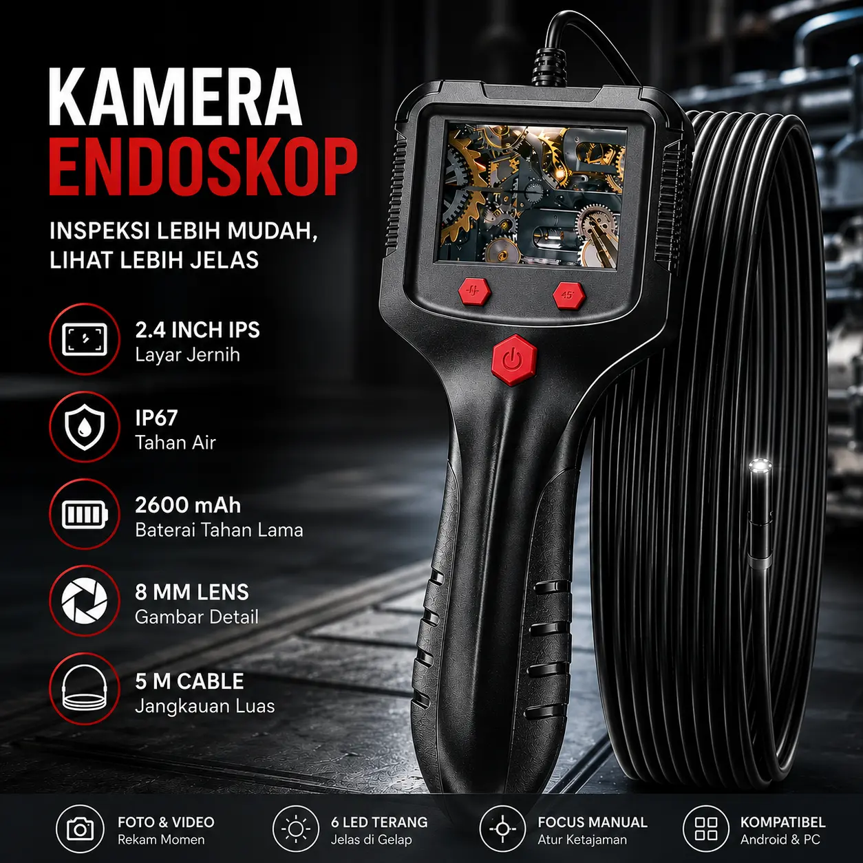 Kamera Endoskop Industrial Borescope anti air kamera celah Monitor Portable 2.4 Inch 2600mAh 8mm 5M