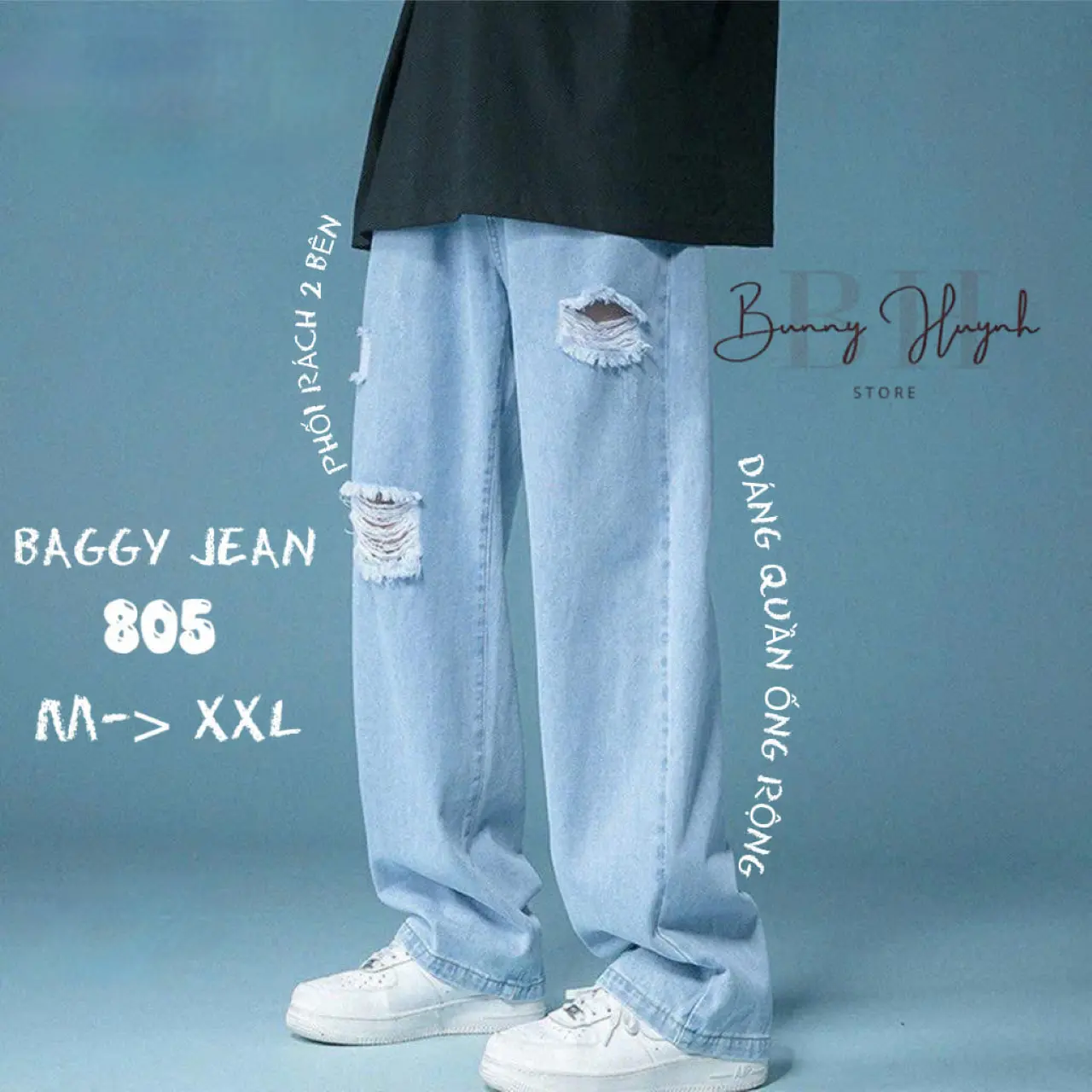 Quần baggy jean nam ống rộng rách màu xanh - Chất jean Phong Cách Thời Trang mã số 805 quần jean nam dài đẹp 2025 - bunny huỳnh store - BAGGY JEAN NAM