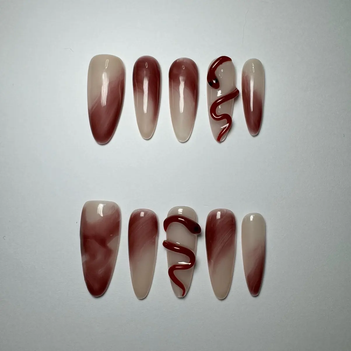 100% Handmade Red Marble Snake Press-on Nail Set
