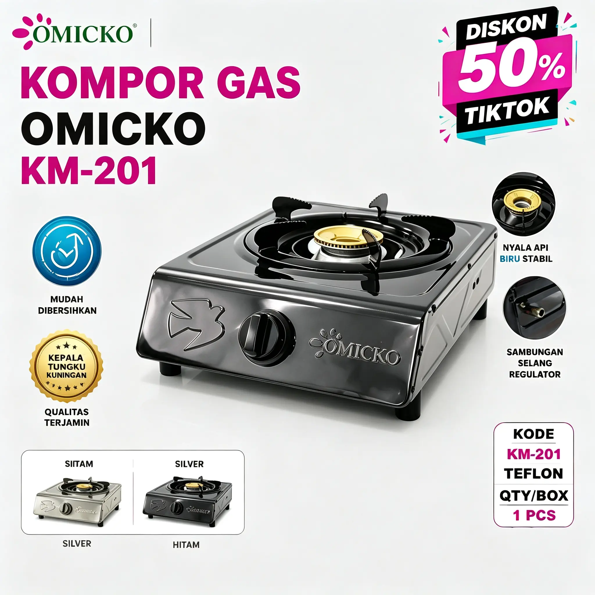 Murah Kompor Gas 1 Tungku OMICKO KM‑201 Teflon Original Kualitas Terjamin Sambungan Selang Regulator Aman Digunakan Tersedia 2 Warna Flash Sale COD diskon 50 persen tiktok hari ini