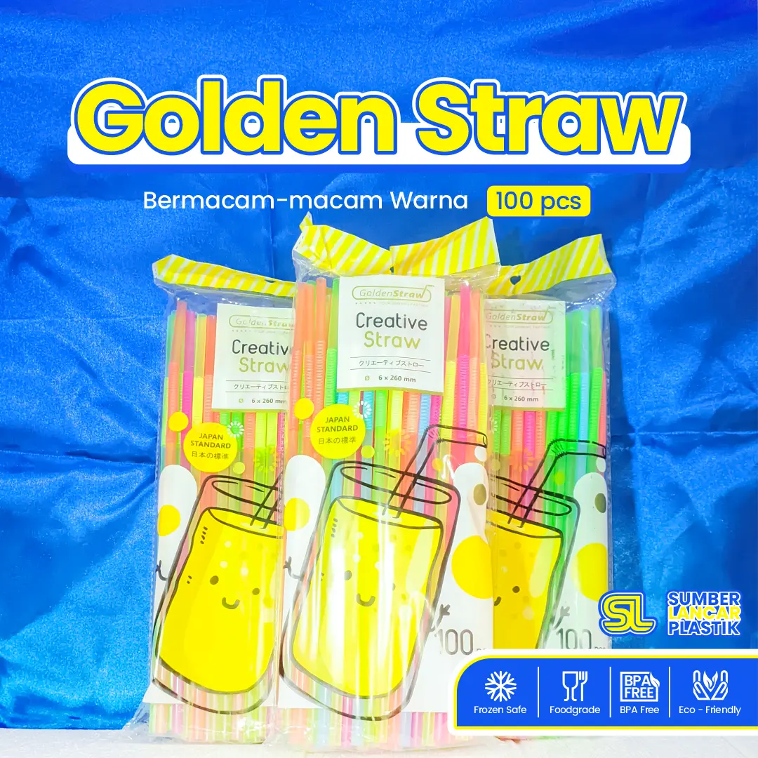 GOLDEN STRAW Sedotan Flexible [ISI 100PCS] 6mm | Sedotan Golden Straw Warna Warni | Sedotan Bengkok