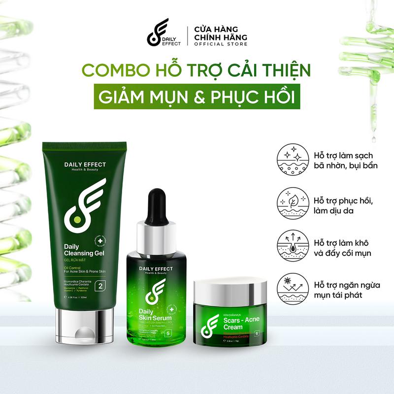 Combo 3 Sản Phẩm Sữa Rửa Mặt Kem Chấm Mụn Serum Dưỡng Da DAILY EFFECT