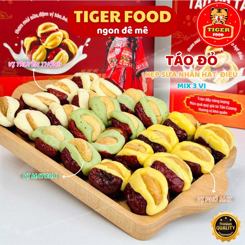 [ MUA 1 ĐƯỢC 3 ] 1KG Táo Đỏ Tân Cương Kẹp Sữa Nhân Hạt Điều TIGER FOOD Táo đỏ Tân Cương kẹp sữa nhân hạt điều Mix 3 vị - Matcha - Phô Mai và Truyền Thống - Đồ ăn vặt - bánh kẹo tết 2025 snack thức ăn Nuts