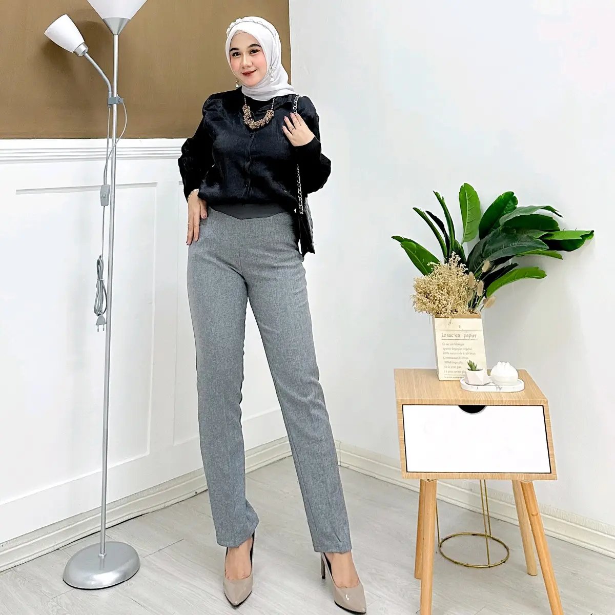 Celana kerja pinggang karet HIGTWAIST BB 40kg-80kg Kantor Nyaman Panjang kain Polyester Formal Hitam