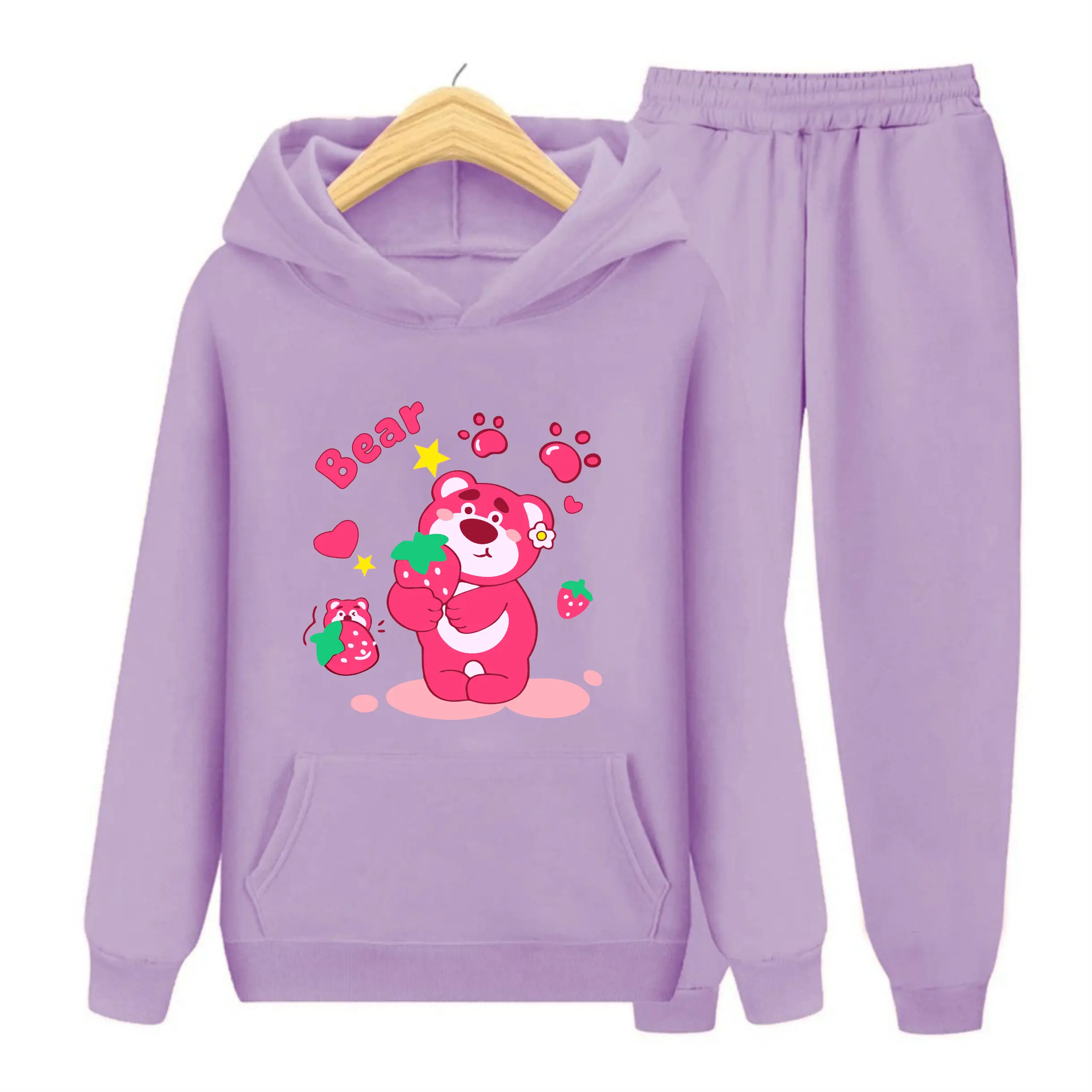Luwi Kids Setelan Kantong Hoodie Anak Sweater Anak Remaja Gambar Pink Bear Lotso Baju Celana Fashion