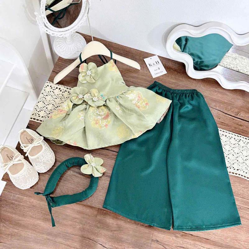 Set bộ bé gái, Set áo cổ yếm hồng quần lụa 4 chi tiết cho bé gái mặc tết 8-30kg