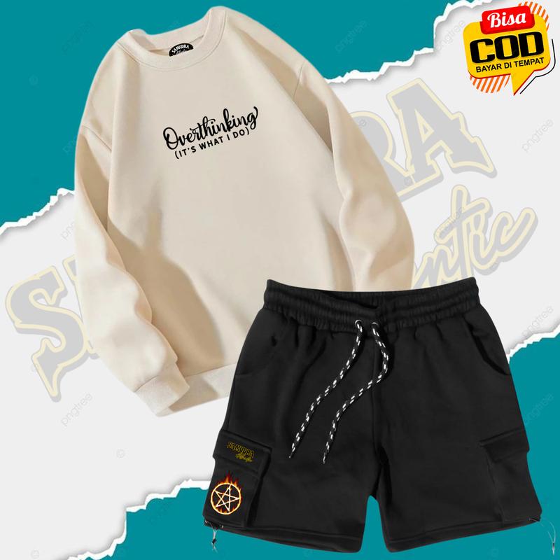Product Introduction of ONE SET SWEATER CREWNECK 1 STELAN CARGO POLOS PRIA | WANITA / UNISEX WARNA HITAM SABLON KEREN Celana Cowok Setelan Distro Panjang Katun Hoodie Casual setelan  hoodie dewasa 2