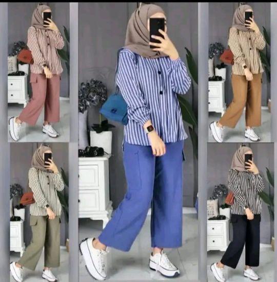 RAMOSA ONE SET SETELAN WANITA CANTIK ONE SET MOTIF SALUR KEMEJA BAHAN KATUN Lembut Remaja Dewasa