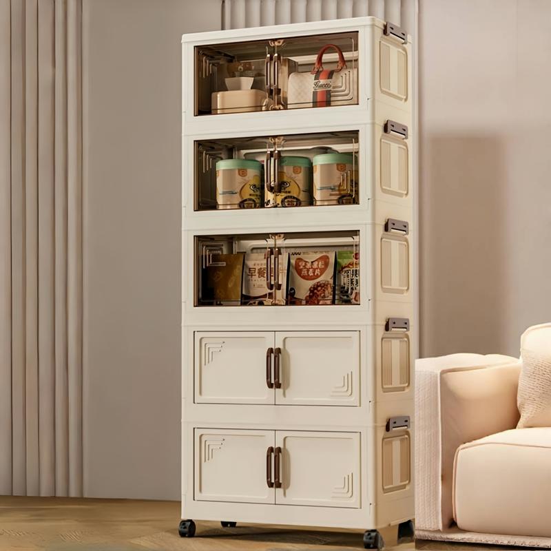 【Rộng 45 Tủ nhựa gấp 5 tầng, cửa màu trắng/trong suốt, bánh xe xoay 360 độ, chất liệu PP an toàn, lắp ráp đơn giản