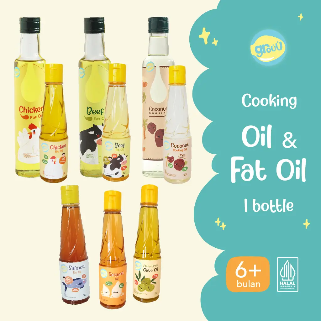 Grouu - Fat Oil / Minyak Lemak - MPASI BB Booster (Chicken Fat, Salmon Oil, Beef Fat, Coconut Oil) - Minyak Bahan Ayam, Kelapa, Sapi. Minyak tumis penyedap Masakan