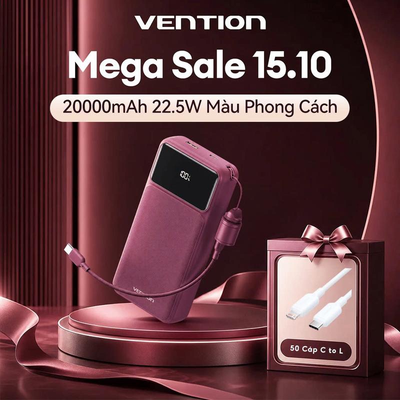 Sạc Dự Phòng 10000mAh/20000mAh Vention 22.5W 2 Cổng USB-A/C Kèm Dây Sạc Type C Màn Hình Led Hiển Thị Dùng Cho Điện Thoại Laptop