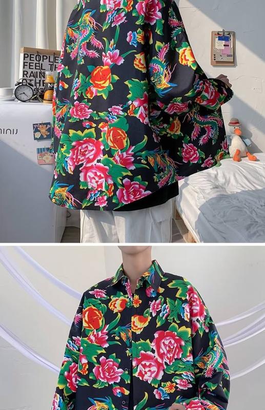 Product Introduction of Men's and Women's Neutral Chinese Style Northeast Big Flower Short-Sleeved Shirt Shirt Coat Ethnic Style Ancient Chinese Clothing Team Uniform 3