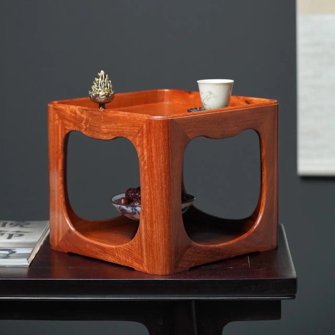 Cloud Serenity | Burmese Padauk Pedestal & Incense Stand | Zen-Inspired Solid Wood