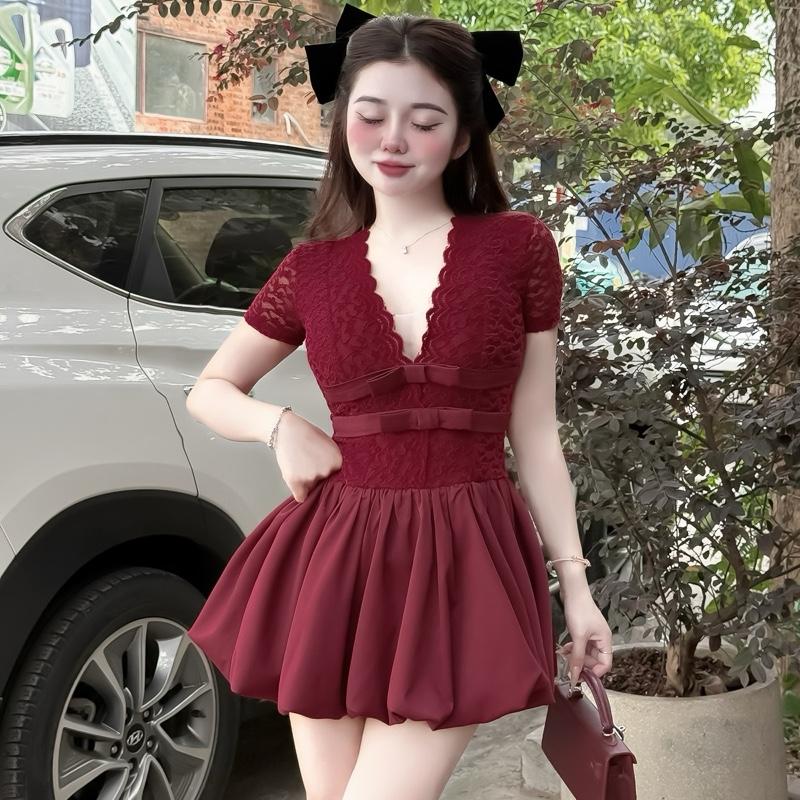 Pk006 Váy Nhung Viền Cộc Nơ Chân Bí ( chuẩn ảnh) tôn dáng, trẻ trung, 38-54kg, sz S/M