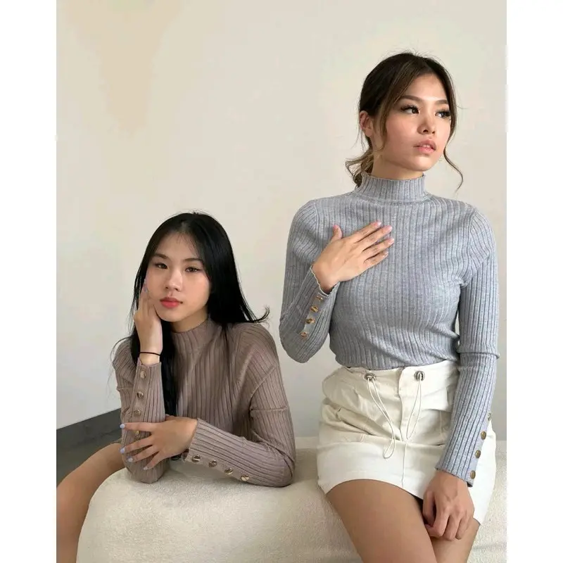 Inara Top Rib knit Button - Atasan iner wanita Polos Turtleneck Kancing Panjang 1