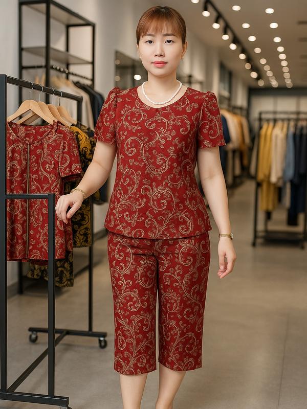 Bộ đồ nữ trung niên họa tiết cổ điển sang trọng | Đồ bộ mặc nhà vải thun thái co giãn