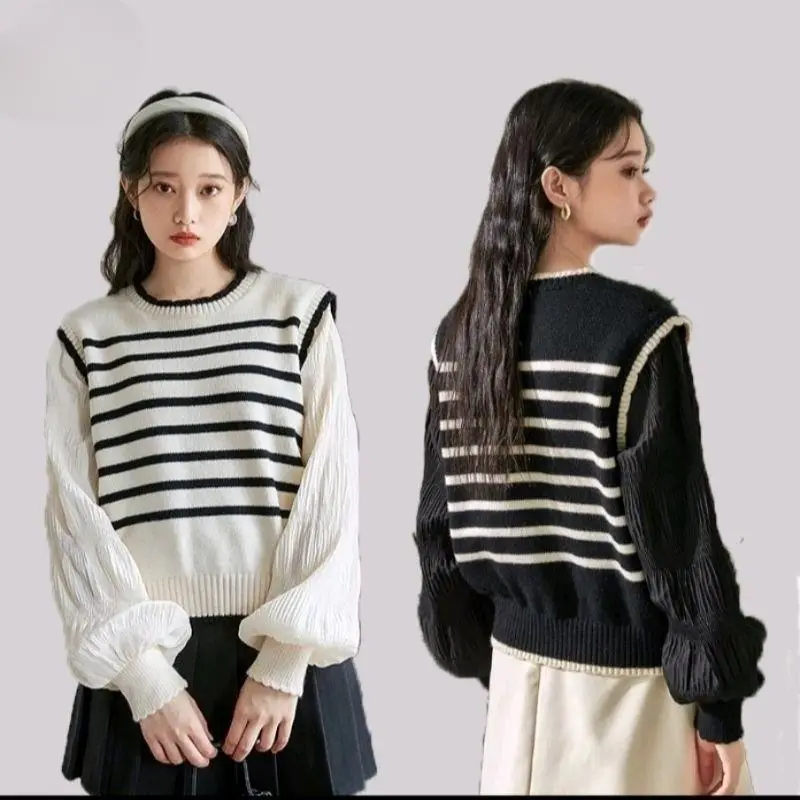ATASAN/SWEATER RAJUT WANITA LENGAN BALON LENGAN PANJANG BASIC KOREAN GARIS KNIT TOPS OVERSIZE