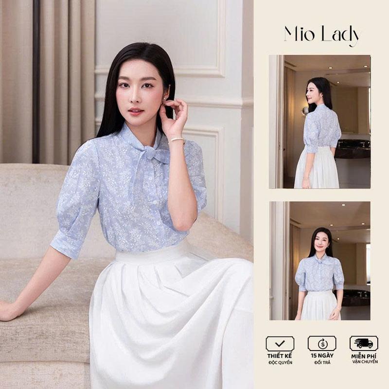 Áo Sơ Mi Nữ Cổ Nơ Tay Lỡ Vải Thô In Hoa – Họa Tiết Hoa Nhí Xanh Pastel - Miolady