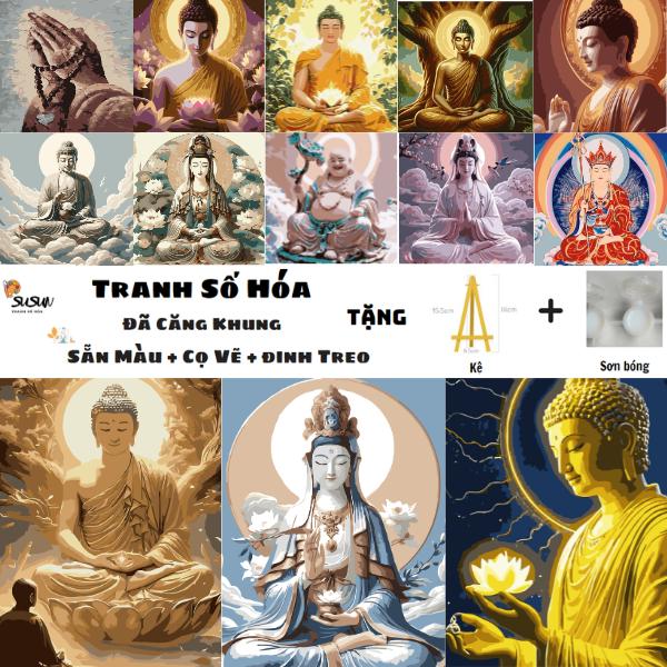 Tặng kệ và sơn bóng Tranh Tô Màu Theo Số 20x20 Phật Giáo Hoa Sen Căng Sẵn Khung + Bảng Màu + Đinh Treo + Cọ Vẽ Vẽ Tranh Diy