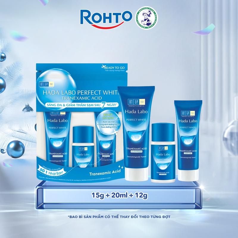 Bộ travel size dưỡng trắng Hada Labo Perfect White Tranexamic Acid Travel Set Kem rửa mặt 15g + Dung dịch dưỡng 20ml + Kem dưỡng 12g