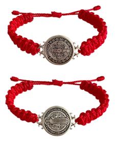 2 Piezas Rojas St. Pulseras de Benedicto, Regalos de Rosario Católico, Hilo Ajustable Negro, Medalla de San Benedicto, Joyería Religiosa para Hombres y Mujeres