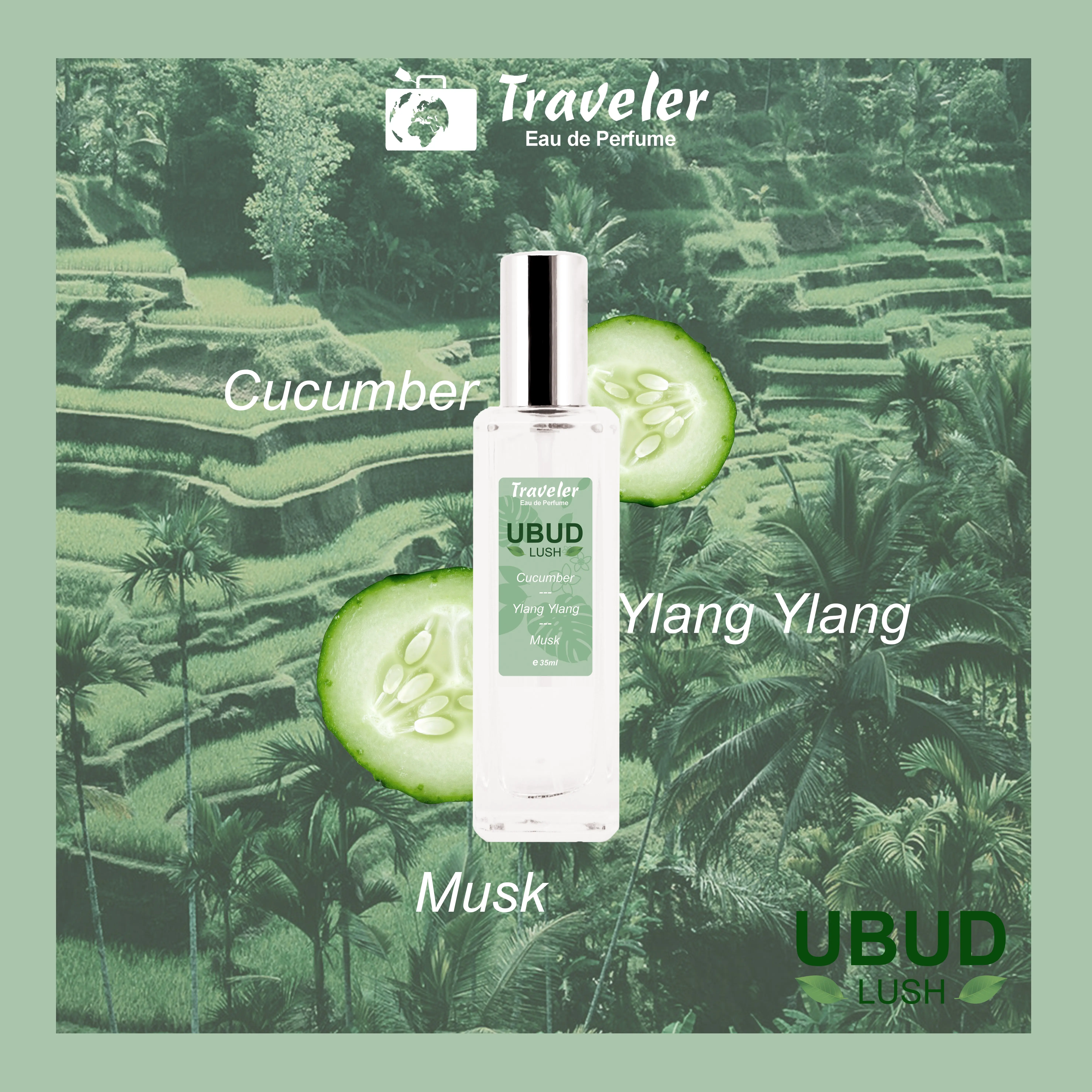 [ Parfum Halal ] Traveler Ubud Lush Green EdP Eau de Perfume Fresh Tahan Lama Elegant Wanita Pria Cewe Cowo Laki Best Seller Unisex Parfume Long Lasting 35ml BPOM | Wangi Segar Cucumber Hijau Rose Muguet Musk Jasmine