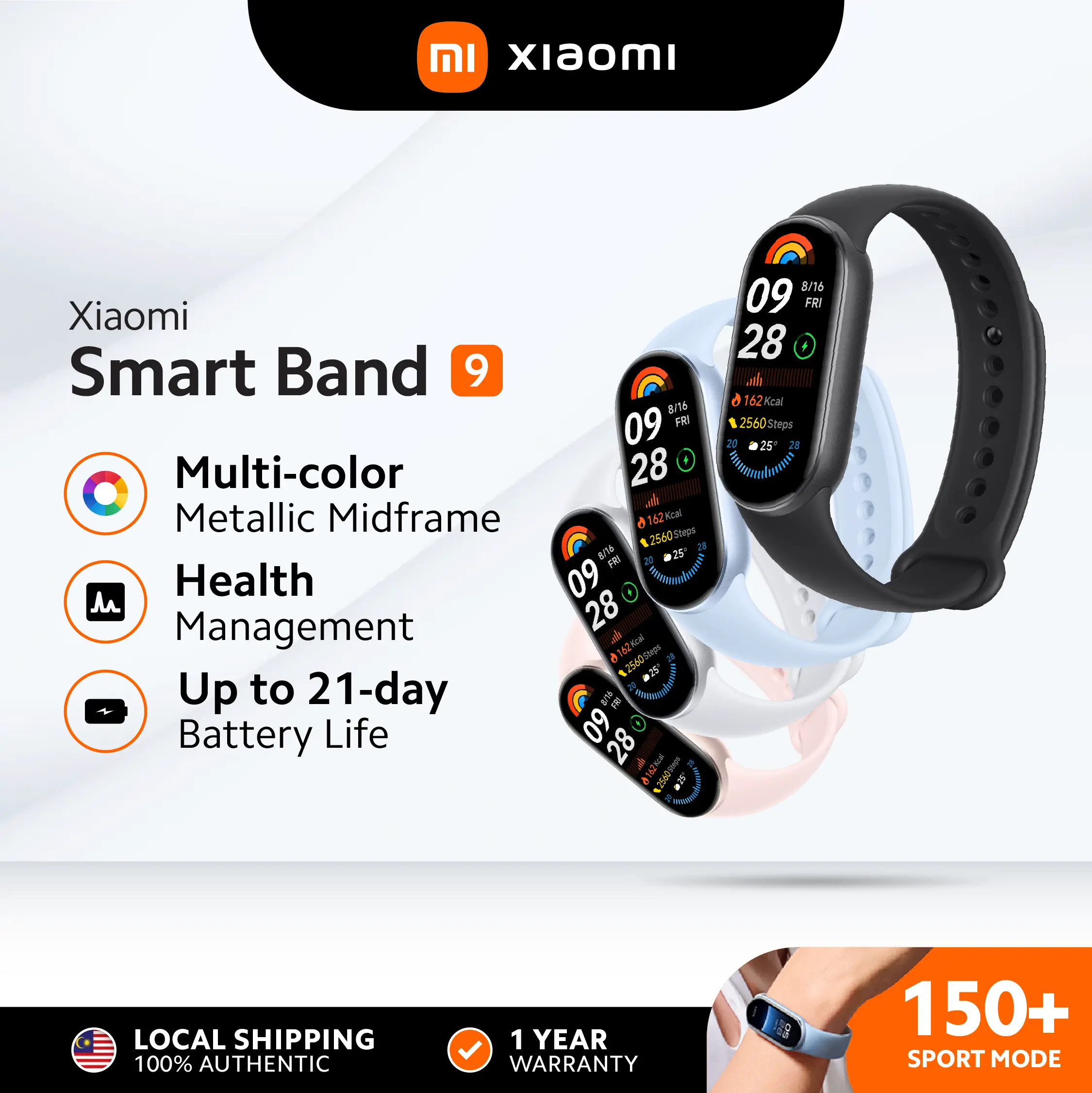 Xiaomi Smart Band 9 | 1.62'' Color AMOLED Screen | 150 Sports Mode | 5ATM Water Resistance | 21-Days Battery Life