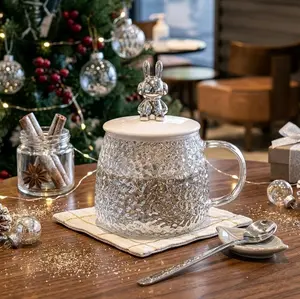 B ( B131 ) MUG GELAS TUTUP BERUANG + SENDOK SEDUH Kaca Kitchenware