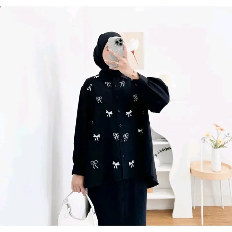 Sindi Shirt Linen Bordir Atasan Baju Wanita Casual Motif Pita