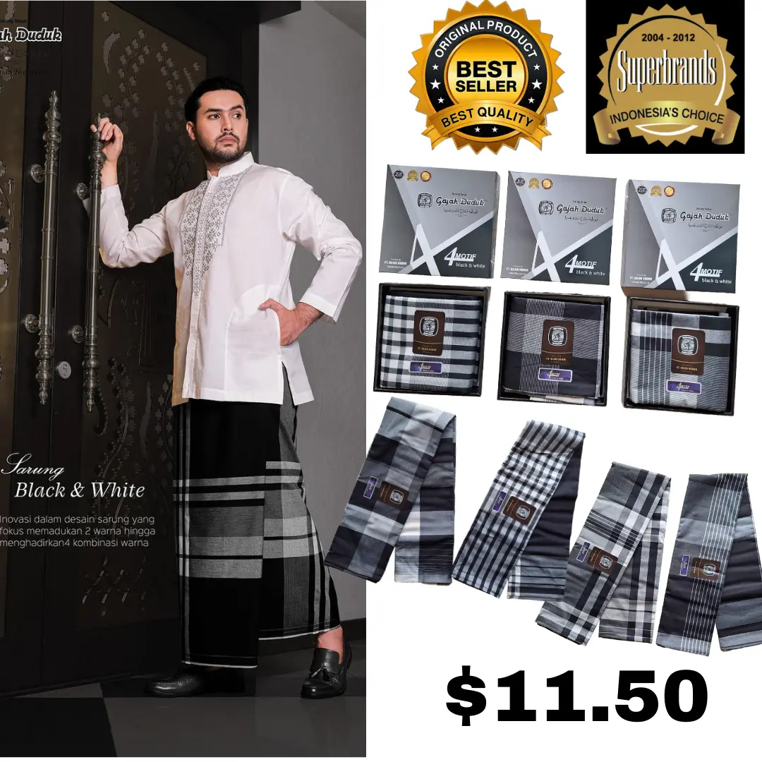Sarong/ Pelikat/ Gajah Duduk Black & White/ Stitched/ Ready Wear/ LungiSoft