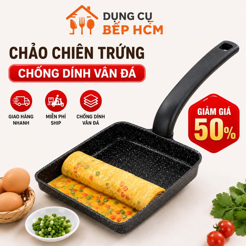 Chảo Vuông Chiên Trứng Cuộn Vân Đá Chống Dính, Đáy Từ Dùng Được Cho Mọi Loại Bếp