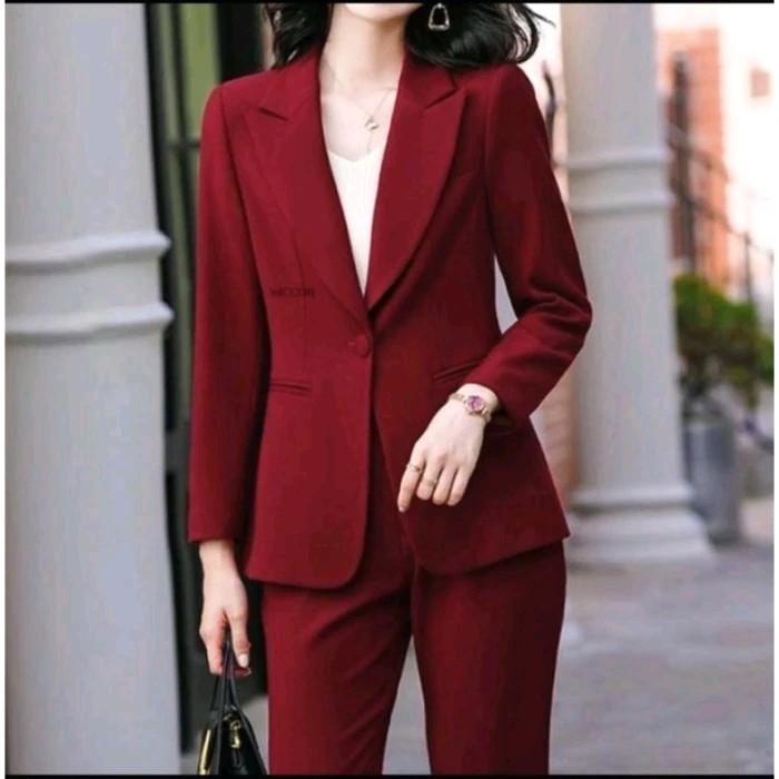 SATU SET SETELAN BLAZER WANITA KEKINIAN/SETELAN JAS WANITA/JAS KANTOR WANITA_BLAZER MAROON Celana 0