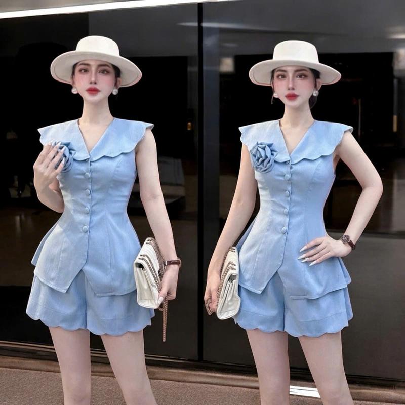 Set quần áo CRAZYTEEN S6223 gồm áo kiểu peplum và quần short để đi chơi Áo peplum Quần short Tag hoa set đồ girl phố