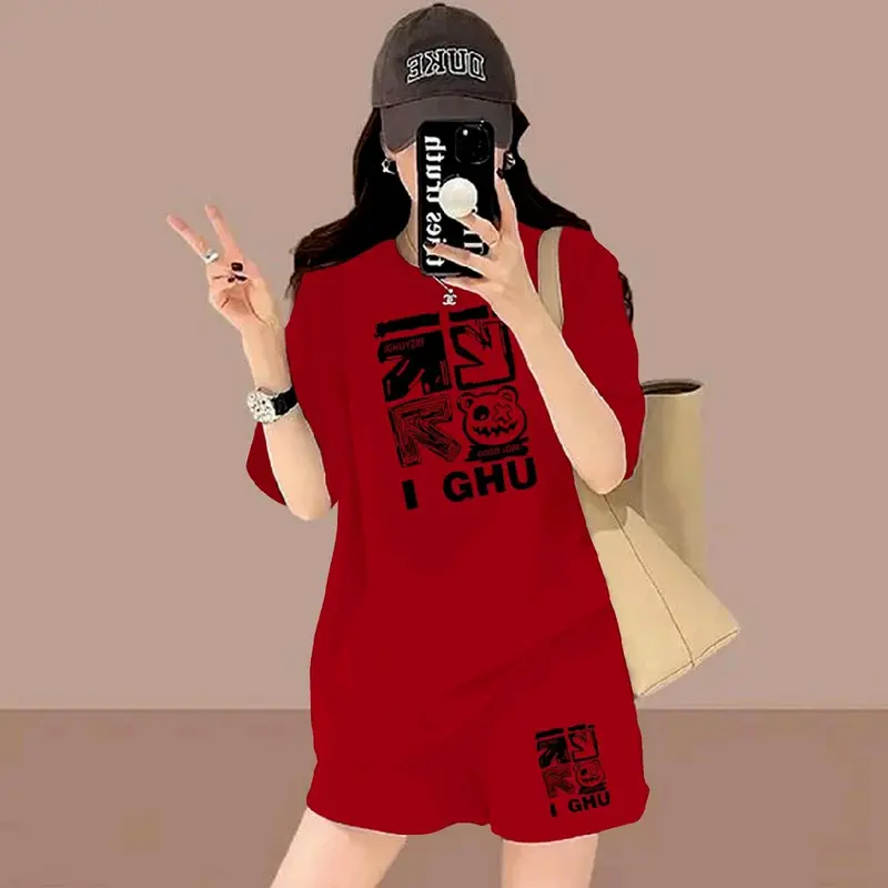 Setelan Celana Pendek dan Lengan Pendek Wanita bahan baby terry- Model Terbaru -setelan santai Atasan Motif printing Baju Kaos Hitam Cewek Nyaman Lembut Kerah bulat Panjang Topi 5