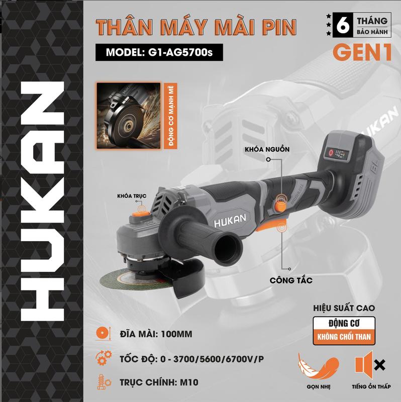   LIVE  Thân Máy Mài Pin HUKAN G1-AG5700s GEN1 – Động Cơ Không Chổi Than 3 Cấp Tốc Độ Đường Kính Đĩa 100mm Trục Chính M10 Tiếng Ồn Thấp 