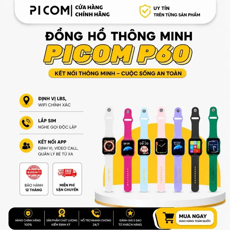 ĐỒNG HỒ THÔNG MINH PICOM P60 LẮP SIM NGHE GỌI ĐỘC LẬP 2 CHIỀU, ĐỊNH VỊ, VIDEOCALL