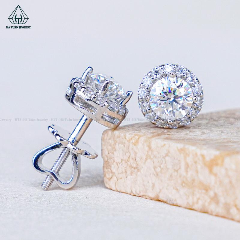   Hà Tuấn Jewelry  Bông Tai Halo Bạc 925 Xi Kim Đính Đá FULL Moissanite Viên Chủ 5mm Chuôi Vặn EX048 