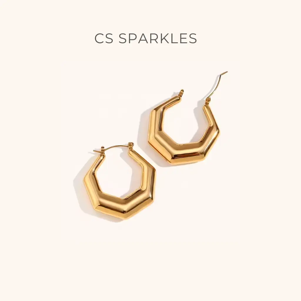 Chunky Hexagon Hoop Earrings, 18K Gold Plated – Waterproof, Non-Tarnish & Hypoallergenic