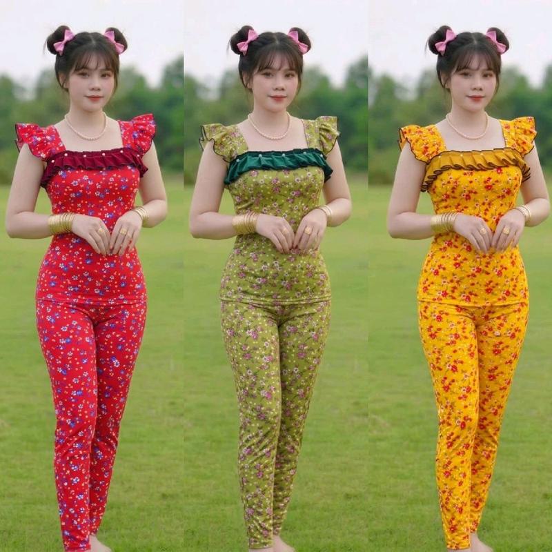 [ Mẫu mới  ] Bộ thun aty  cổ vuông  phối viền ren vai tay cánh tiên lớp quần 9 tấc đủ size 1234 từ 40_70kg vừa set;bo;hottrend