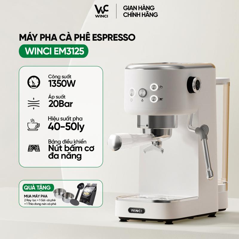   Tặng 3 món  - Máy pha cà phê Winci EM3125 áp suất 20 Bar tay cầm 51mm công suất 1350W bảo hành 1 năm. 