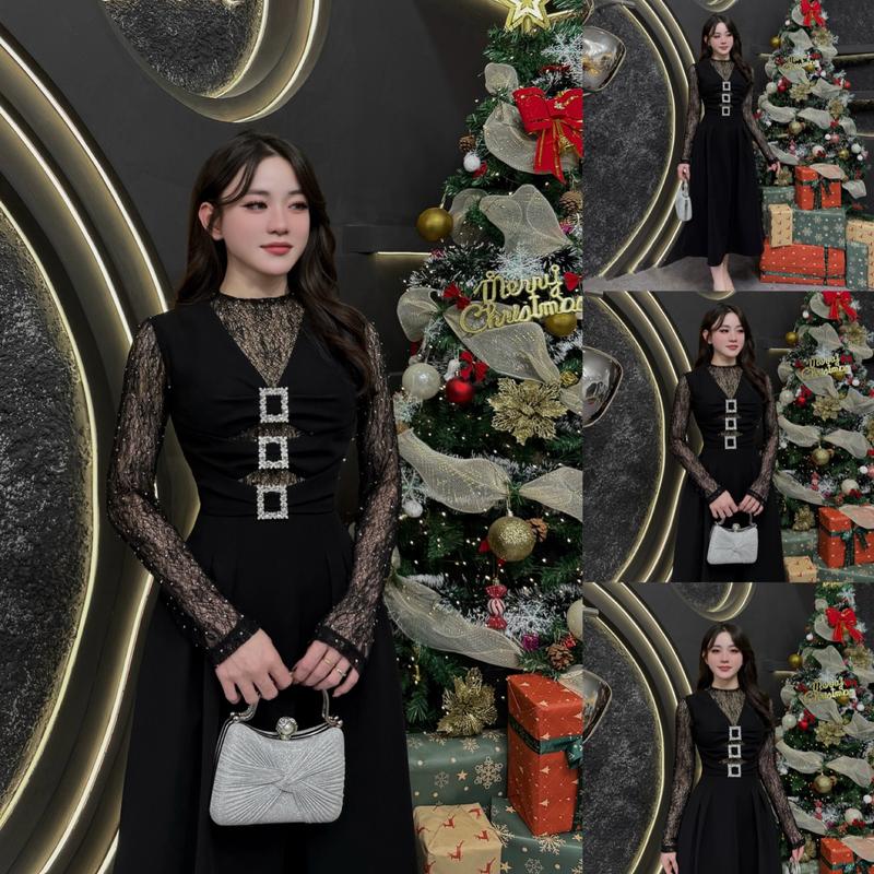 VK28 - Váy Thiết Kế Evii dành cho nữ Đầm thiết kế liền thân phối ren kết hợp đá ép nhiệt dáng A xòe dài phù hợp đi làm đi chơi và đi dự tiệc. Có Bigsize Women Dress