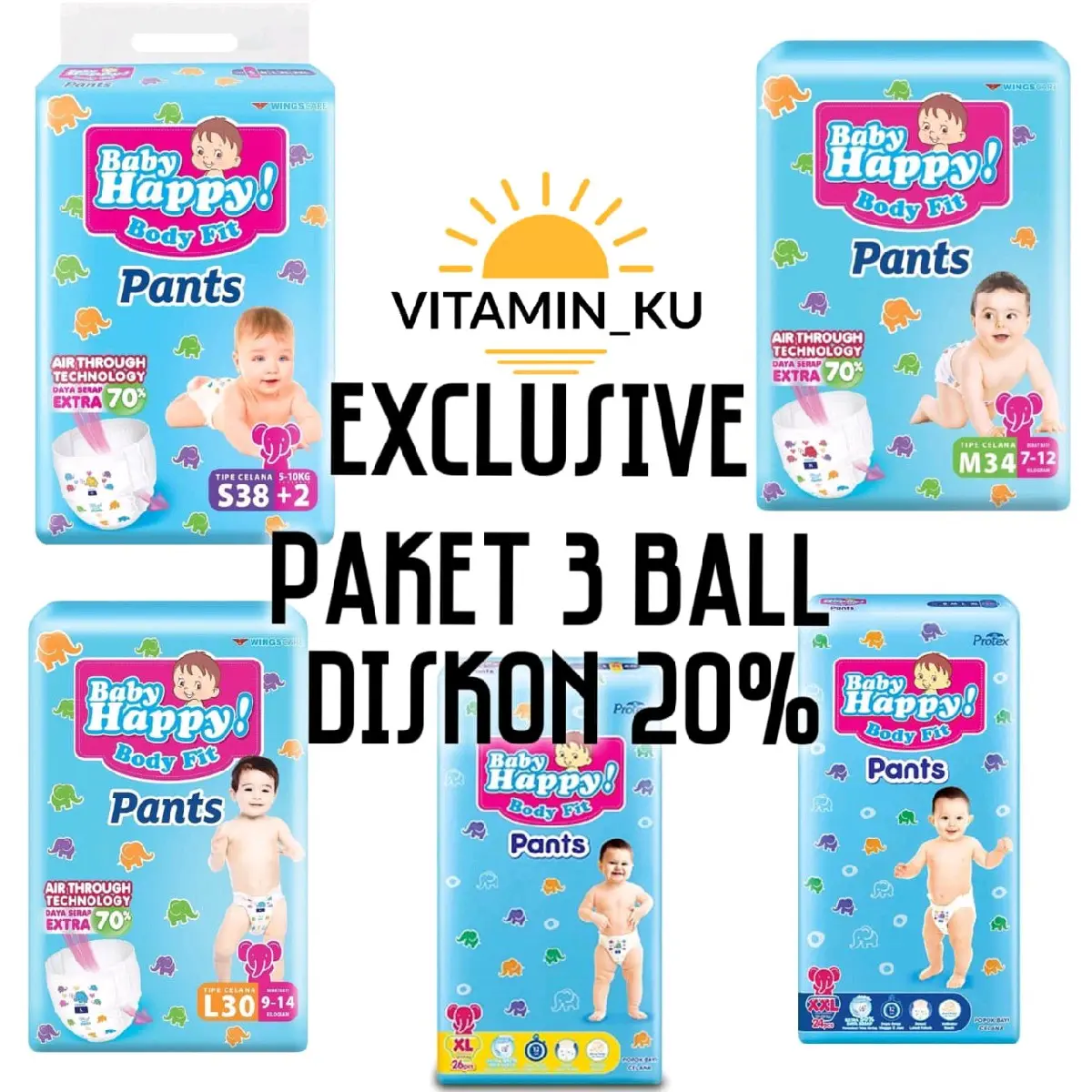 [ MURAH 10.10 ] PAKET 3 BALL POPOK BABY HAPPY PANTS S40 M32 L28 XL26 XXL24 JUMBO 2 BALL S56/M48/L42/XL38