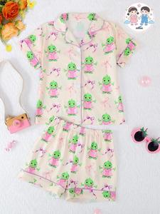 Conjunto de pijama para niñas con estampado de princesa rana de dibujos animados y lazo, cárdigan de manga corta abotonado al frente y shorts, ropa casual ajustada para todas las estaciones