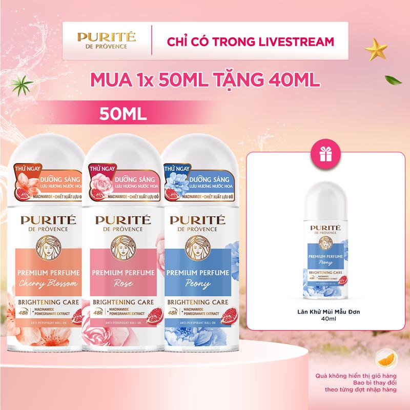 [COMBO MUA 1 TẶNG 1] Lăn Khử Mùi Dưỡng Sáng Hương Nước Hoa Cao Cấp Purité Hương Hoa Anh Đào / Hương Hoa Hồng / Hương Hoa Mẫu Đơn 50ML + Tặng Lăn Khử Mùi Dưỡng Sáng Hương Nước Hoa Cao Cấp Purité 40ML [S]