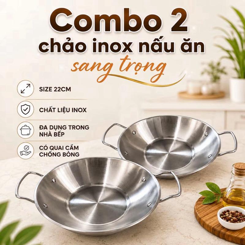 Combo 2 Chảo Inox Có Quai Chống Bỏng Size 22Cm, Chảo Trộn Cơm Nấu Ăn Tiện Dụng Rán Xào Chiên Đồ Ăn