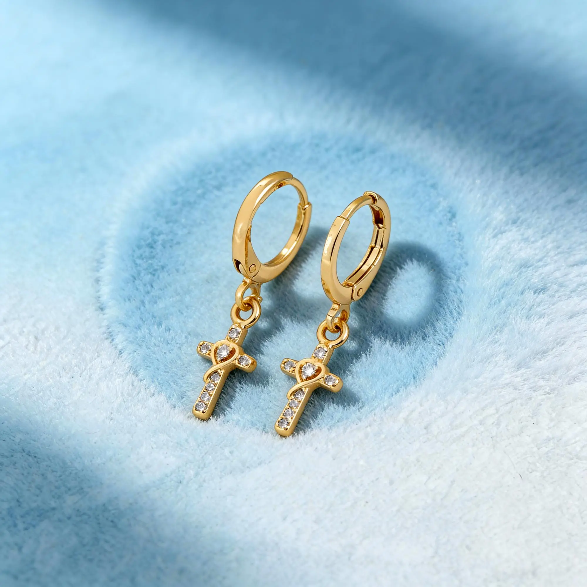 Anting salib mini perhiasan emas silver wanita permata zircon baja tahan karat titanium Earrings