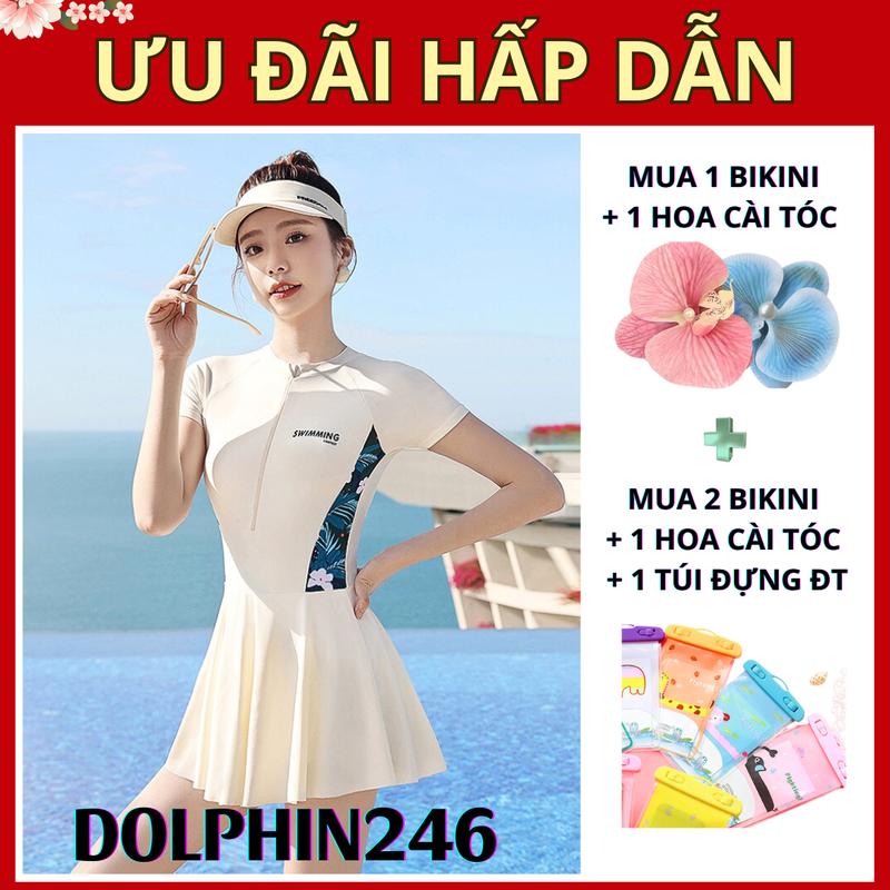 Bikini đồ bơi nữ đi biển kín đáo liền thân tay ngắn có khóa dáng váy xòe che khuyết điểm Quảng Châu đẹp 612184 A-19.1 Dress Women